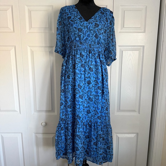 Old Navy Waist-Defined V-Neck Midi Dress Womens XL Floral Smocked Boho Cottage - Picture 3 of 12